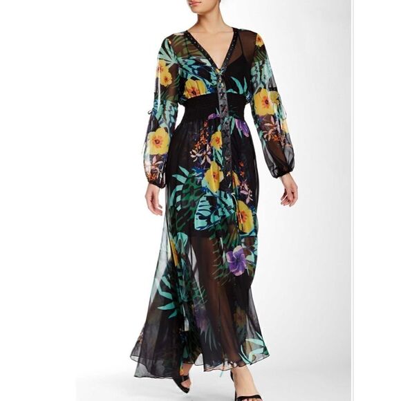 TOV Lace-Up Flora Print Chiffon Maxi Dress NWT - Picture 8 of 8